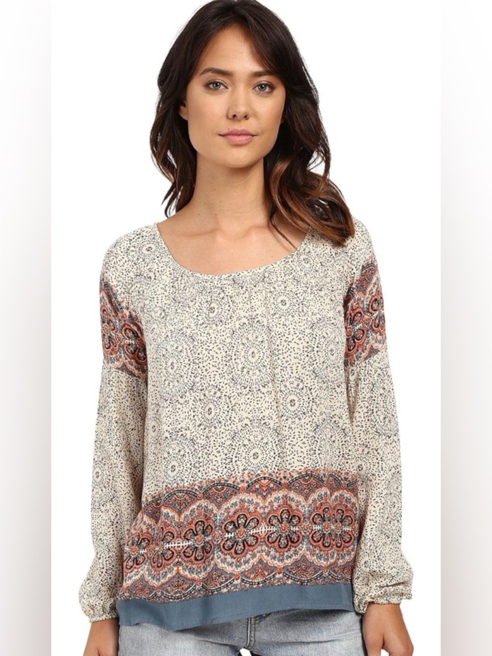 -NEW- O’Neill Size:Small Boho Cream Floral Border Print Long-Sleeve Top